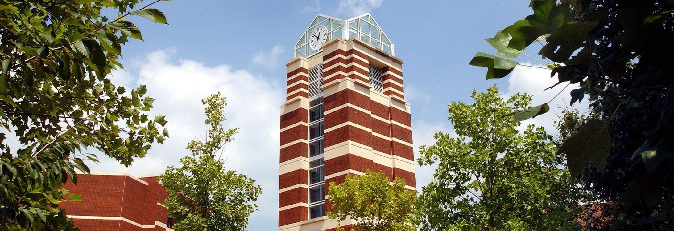 Image of clock tower on main campus near Joyner Libray