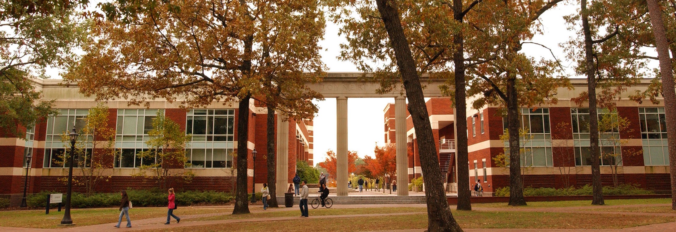 Students walking around campus and through the musical columns of Joyner Library